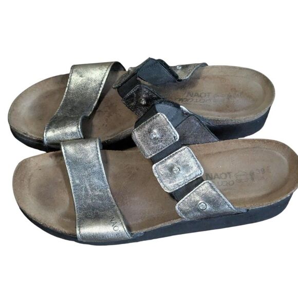 Naot Silver Leather Slide Sandals EU 39 US 8 Comfort Cork Footbed Boho - Picture 1 of 5